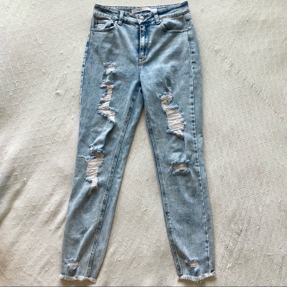 High Rise Distressed Straight Leg Jeans